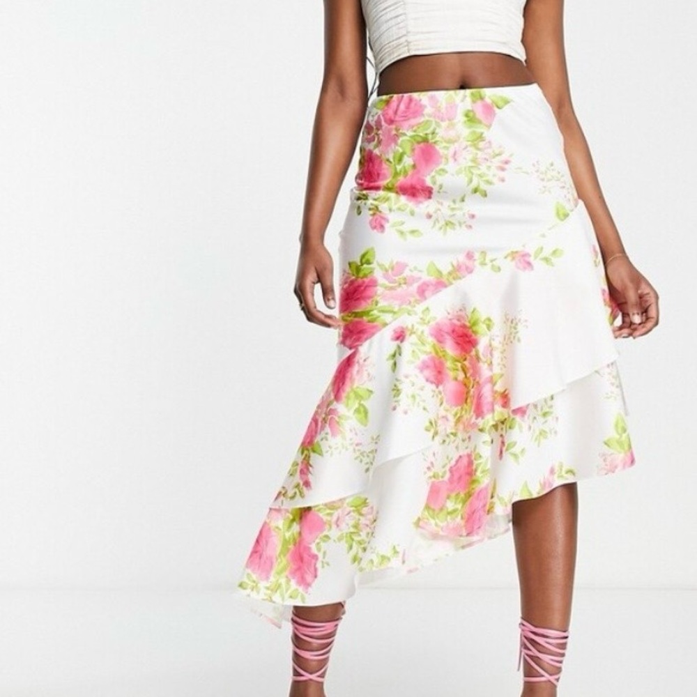 ASOS Pink and Green Floral Asymmetrical Skirt